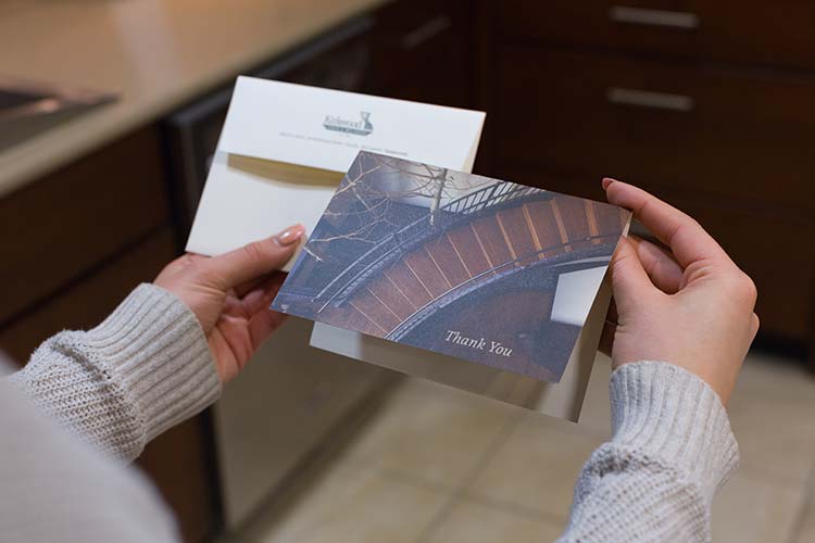 A thank you card featuring a big, winding staircase for Kirkwood Stair